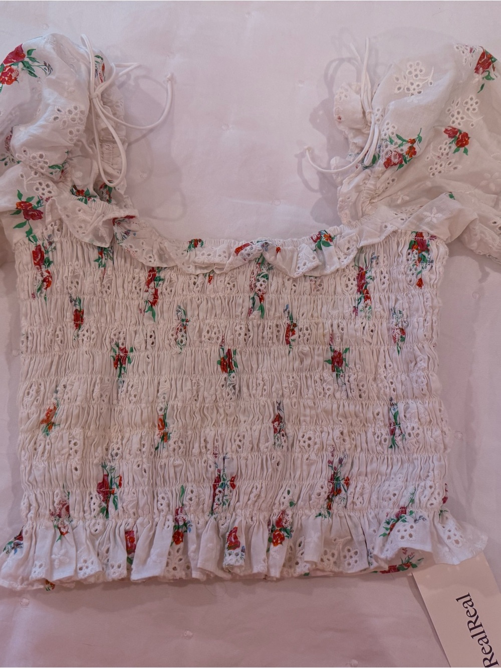 For Love & Lemons White Floral Smocked Puff-Sleeve Women’s Top
